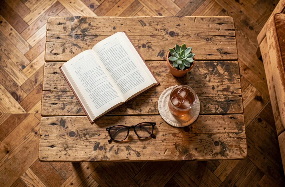Vue du dessus d'une table basse en bois brut avec livre ouvert, plante et verre de thé glacé