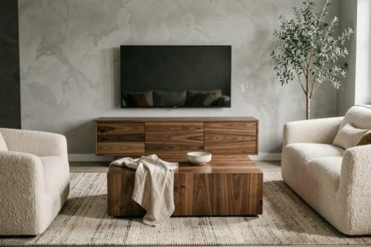 Salon moderne avec table basse et meuble TV assortis en bois de noyer, style scandinave épuré