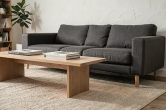 Table basse plus haute que le canapé dans un salon scandinave moderne en bois clair et gris anthracite