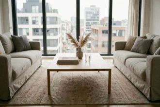Table basse en chêne clair dans un salon scandinave moderne avec magazines et vase en céramique