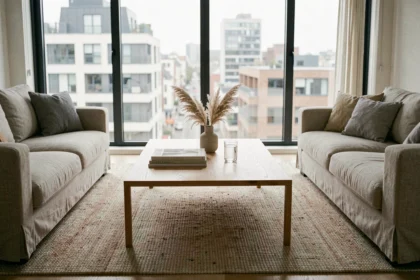 Table basse en chêne clair dans un salon scandinave moderne avec magazines et vase en céramique