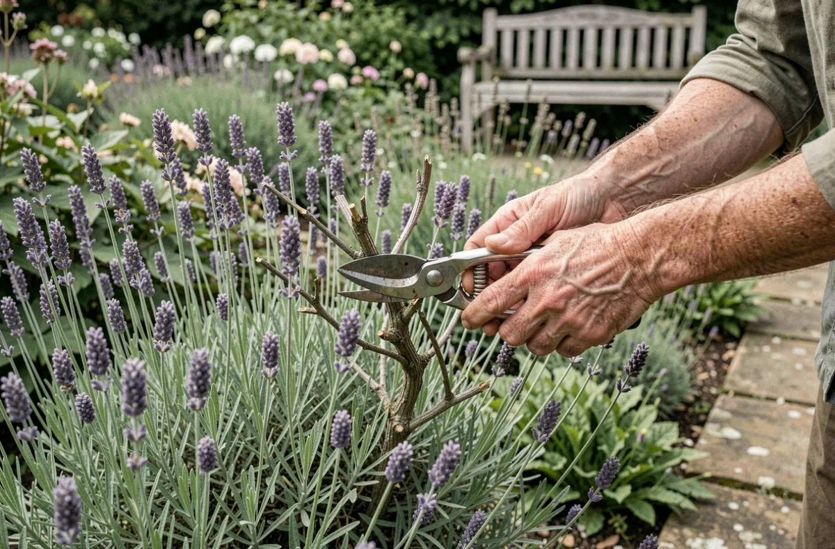 Mains de jardinier taillant un pied de lavande établi avec des sécateurs pour prolonger sa durée de vie dans un jardin à l'anglaise
