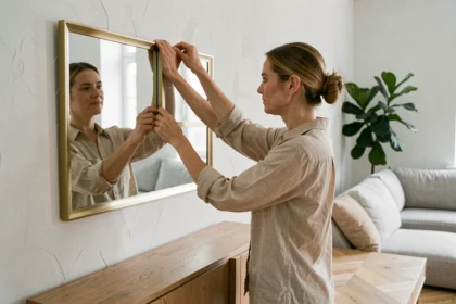 Femme choisissant un grand miroir rectangulaire dans un salon scandinave moderne avec crédence en chêne