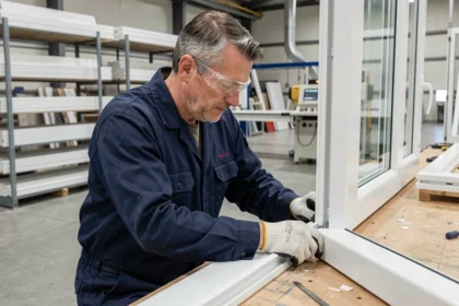 Technicien inspectant un cadre de fenêtre en PVC dans une usine de fabrication moderne