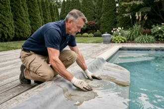 Technicien de piscine inspectant le revêtement vieillissant d'une piscine creusée en liner vinyle