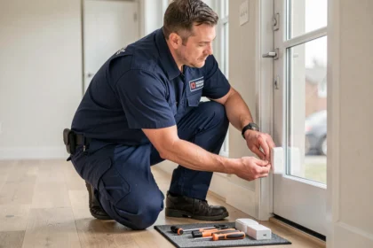 Technicien en sécurité installant un détecteur d'alarme sans fil sur une porte d'entrée de maison moderne