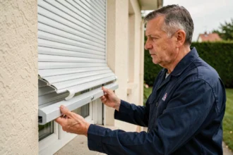 Technicien inspectant un volet roulant bloqué sur une façade de maison résidentielle