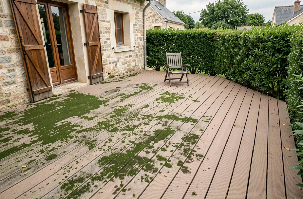 Terrasse en composite envahie par des algues vertes et des moisissures dans une zone ombragée, mettant en évidence les problèmes d'entretien et de glissance