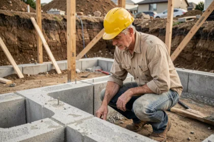 Ouvrier inspectant la fondation en béton lors de la transformation d'un sous-sol partiel en sous-sol complet