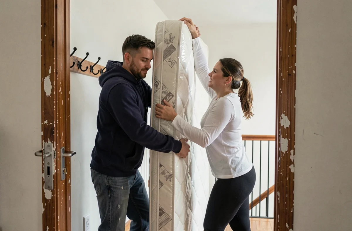 Deux personnes transportant un matelas emballé à travers une porte d'entrée étroite lors d'un déménagement