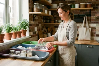 Femme triant des déchets dans des bacs de recyclage colorés dans une cuisine moderne et écologique avec des étagères en bois et des herbes aromatiques
