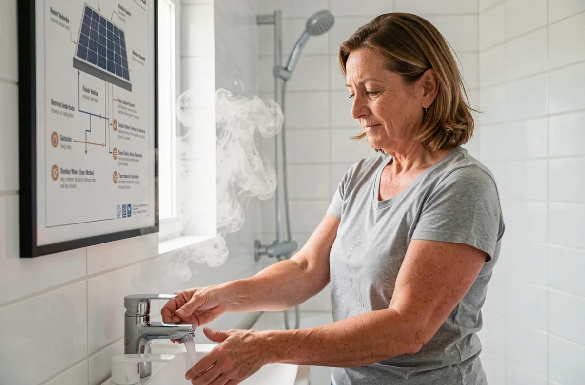 Femme utilisant l'eau chaude sanitaire produite par un système solaire thermique dans une salle de bain