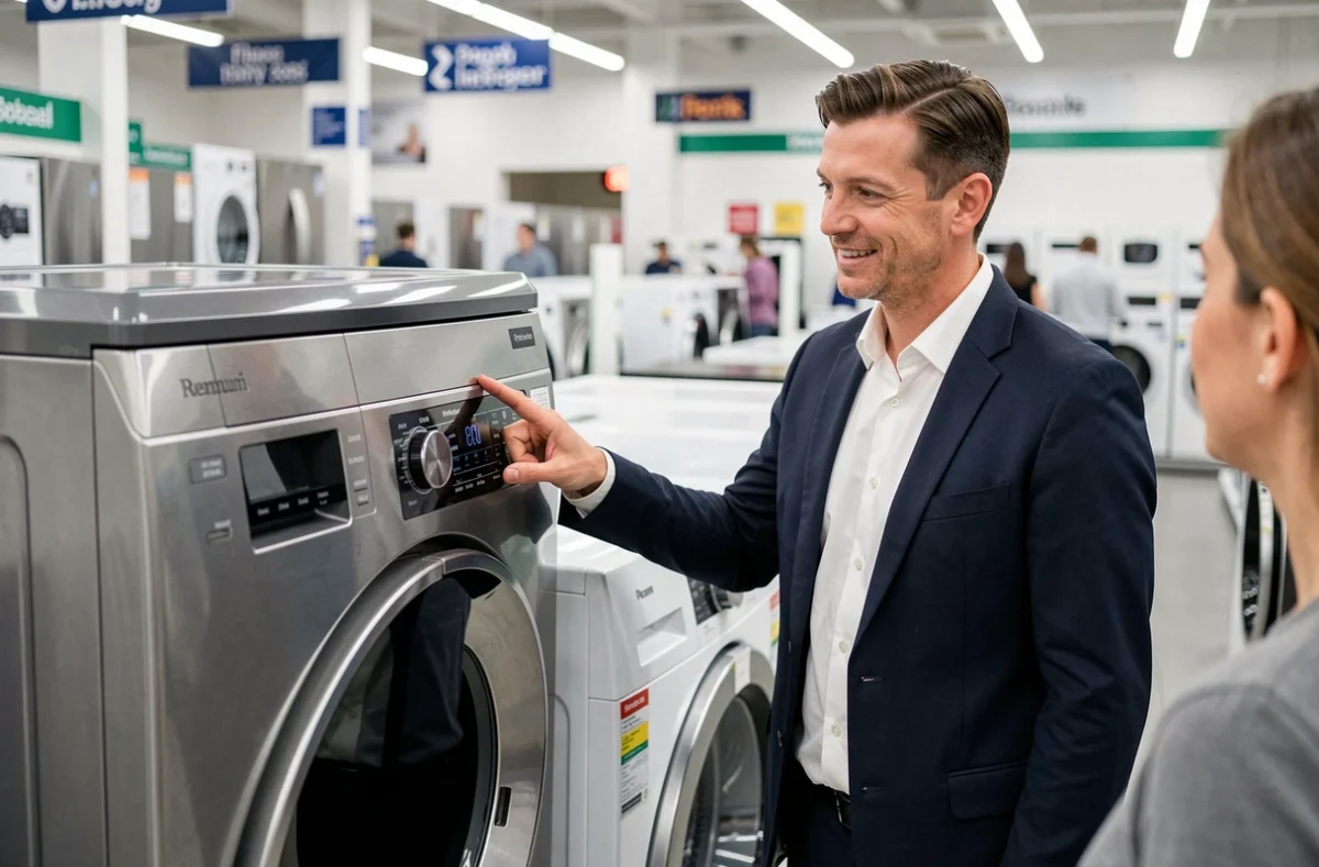 Vendeur en magasin présentant un lave-linge haut de gamme Miele avec panneau de commande visible