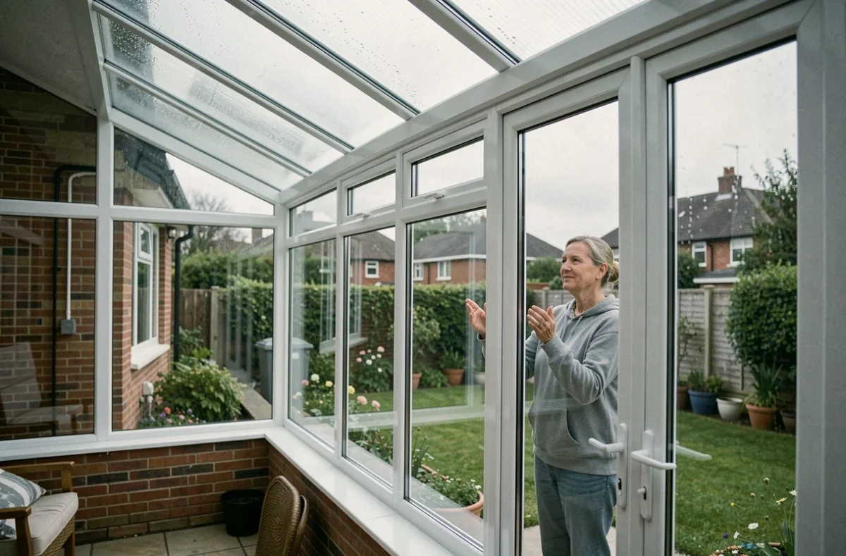 Véranda en uPVC accolée à une maison de banlieue vue de l'intérieur