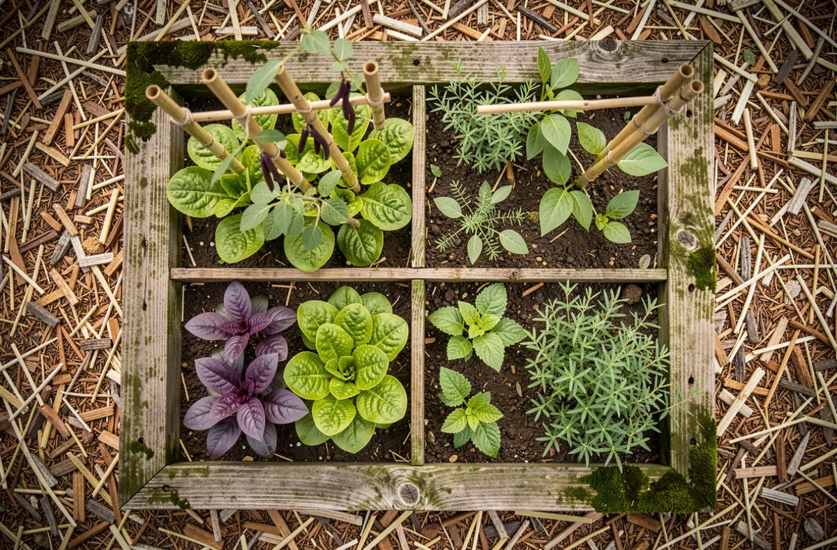 Vue aérienne d'un carré potager en permaculture divisé en quatre zones avec légumes et plantes aromatiques compagnes