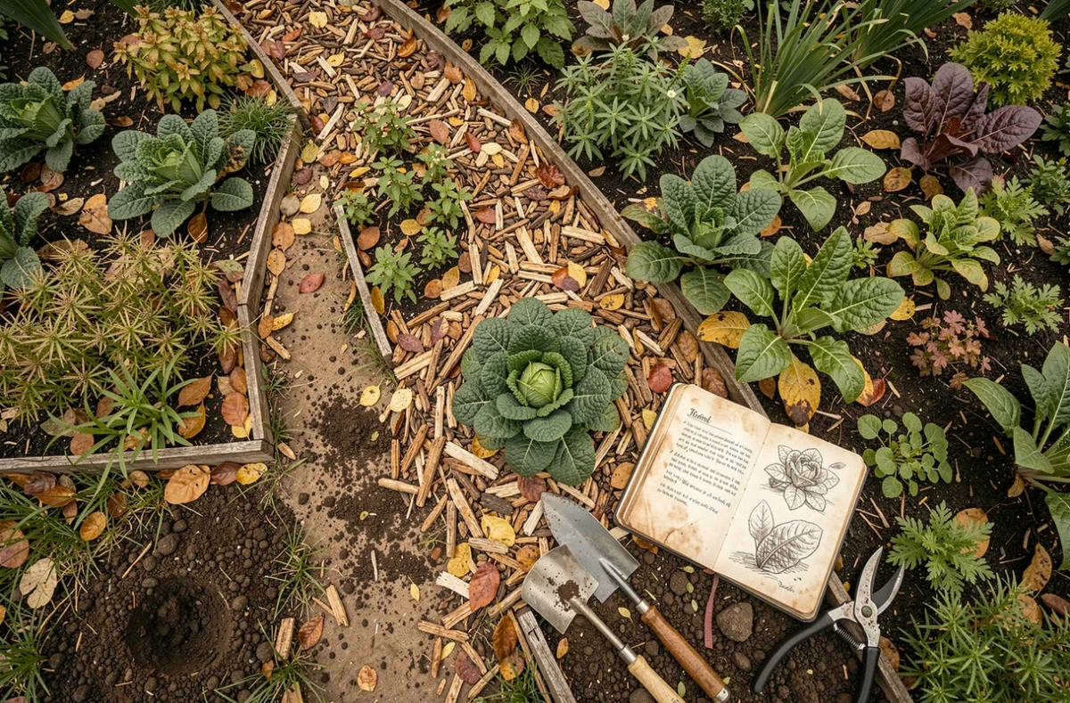 Vue aérienne d'un potager en permaculture en automne avec cultures couvre-sol, paillis de feuilles et outils de jardinage